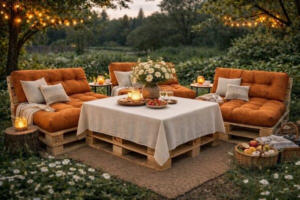 Set perne grădină ”Pallet Soft Seating” (14) + Fata de masa cadou