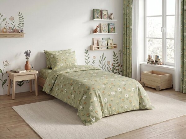 Cearsaf din bumbac pentru patutul copilului FLORAL NEST verde 110x160 cm