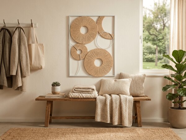 Decoratiune de perete CIRCLES metalica 48x68 cm, alba / bej