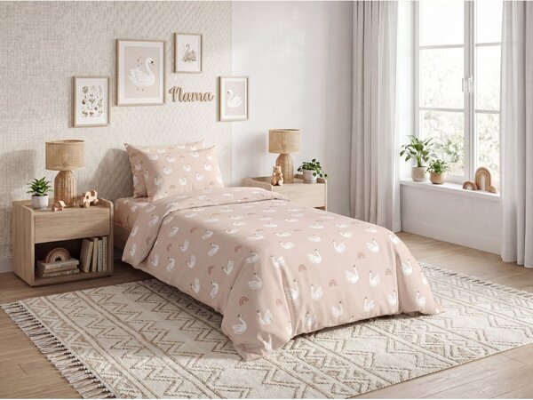 Cearsaf din bumbac pentru patut de copii SWAN CLOUD roz 110x160 cm