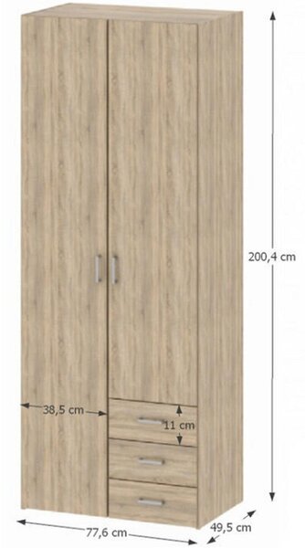 Dulap GWEN 70425, stejar sonoma, PAL, cu 2 usi si 3 sertare, 78x50x200