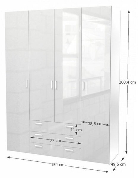 Dulap GWEN 70429, alb, PAL, cu 4 usi si 3 sertare, 154x50x200 cm