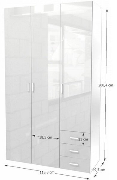 Dulap GWEN 70427, alb, PAL, cu 3 usi si 3 sertare, 116x50x200 cm