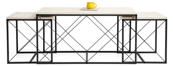 Set 3 masute cafea DEFNE, bej cu efect de marmura/negru, PAL melaminat