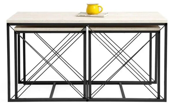 Set 3 masute cafea DEFNE, bej cu efect de marmura/negru, PAL melaminat