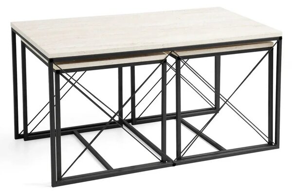 Set 3 masute cafea DEFNE, bej cu efect de marmura/negru, PAL melaminat