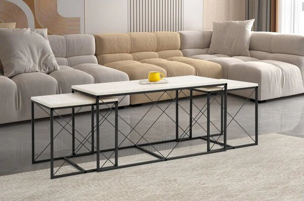 Set 3 masute cafea DEFNE, bej cu efect de marmura/negru, PAL melaminat