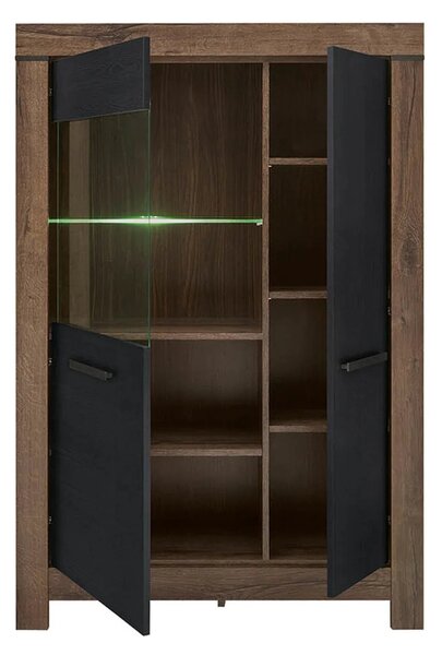Vitrina BALIN, stejar/negru, PAL/sticla, cu iluminare LED, 101x40x149
