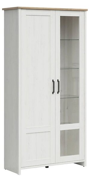 Vitrina LOKSA, pin alb/stejar grandson, PAL laminat, cu iluminare LED