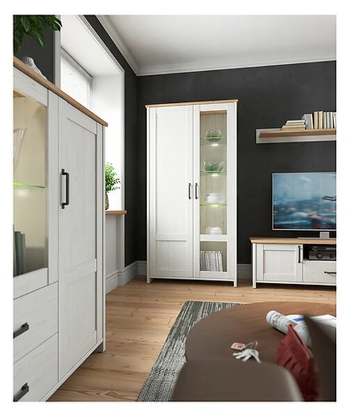 Vitrina LOKSA, pin alb/stejar grandson, PAL laminat, cu iluminare LED