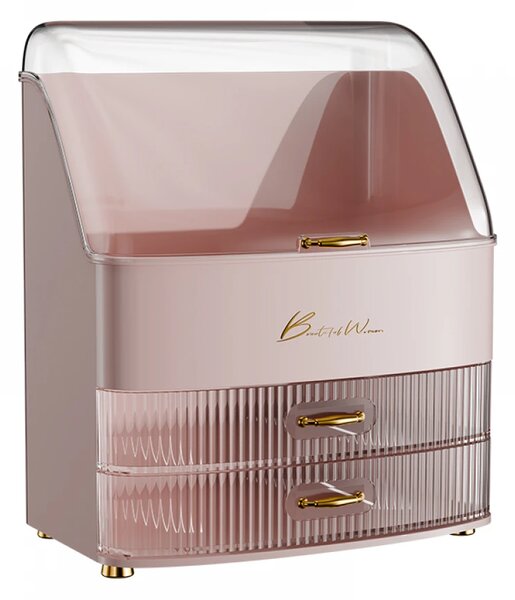 Organizator cosmetic, depozitare compartimentata, cu sertare, Roz