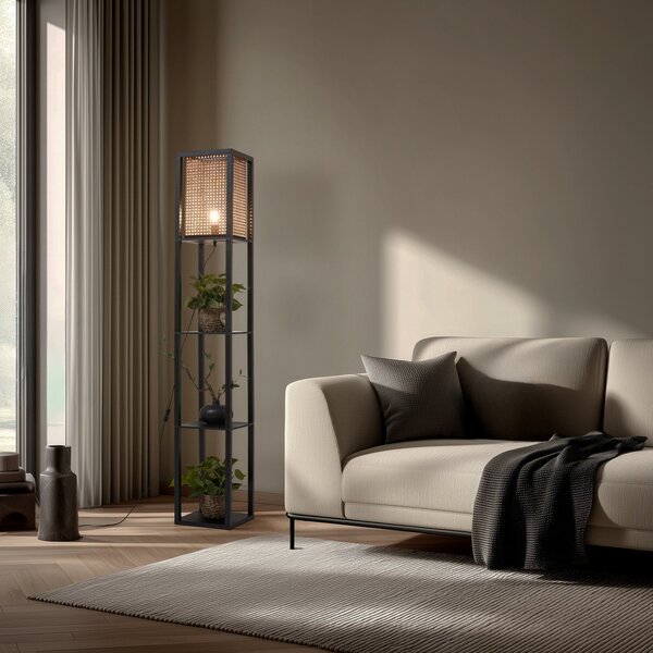 Lindby Lampadar Birta, negru/natur, raft, ratan, Negru, Camera de zi / sufragerie, Lemn, Modern