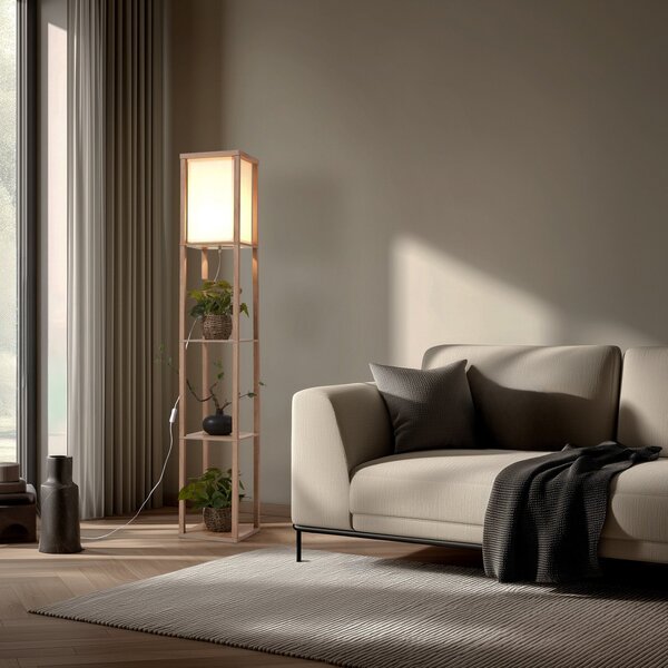 Lindby Lampadar Birta, culoare lemn/alb, raft, lemn, Lemn, Camera de zi / sufragerie, Lemn, Modern