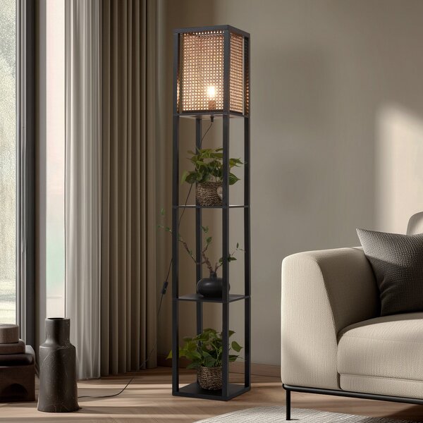 Lindby Lampadar Birta, negru/natur, raft, ratan, Negru, Camera de zi / sufragerie, Lemn, Modern