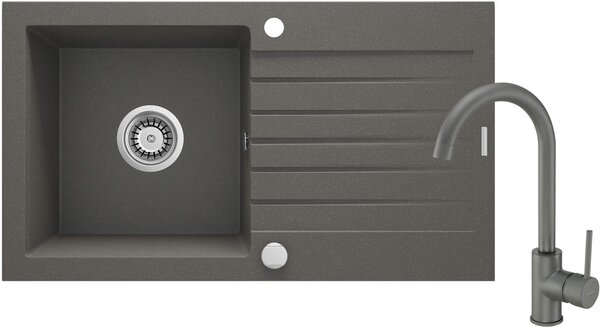 Deante Zorba, chiuveta granit 760x440x160 mm W/O, 3.5" + sifon cu economie de spatiu, 1 camera + baterie Milin, antracit metalic, ZQZVT113