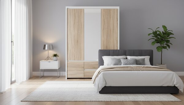 Dulap KASPIAN, stejar sonoma/alb, PAL, cu 5 usi si 2 sertare, 154x56x2