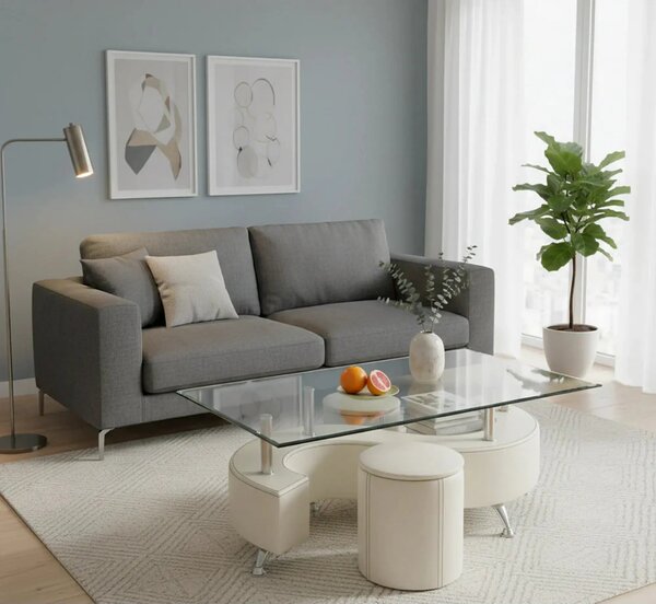 Set masuta cu 2 taburete NINA 3, alb, sticla/otel, 130x70x55 cm