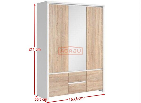 Dulap KASPIAN, stejar sonoma/alb, PAL, cu 5 usi si 2 sertare, 154x56x2