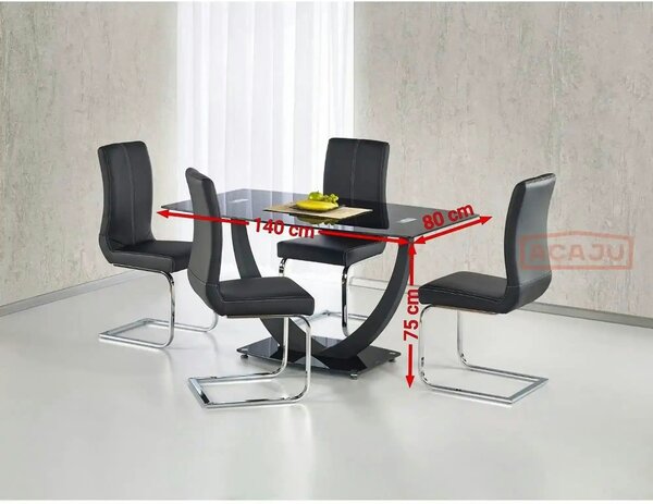 Masa ANTON, negru transparent/negru, sticla/metal, 140x80x75 cm