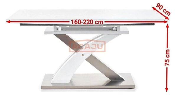 Masa alb lucios SANDOR, extensibila, alb/crom, 160/220x90x77 cm