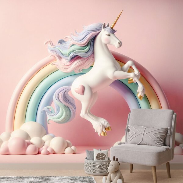Fototapet unicorn pastelat în curcubeu