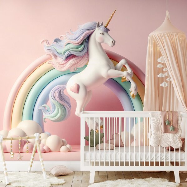 Fototapet unicorn pastelat în curcubeu