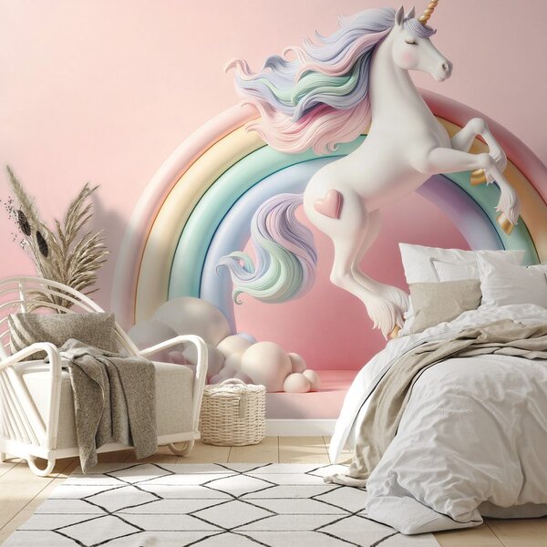 Fototapet unicorn pastelat în curcubeu