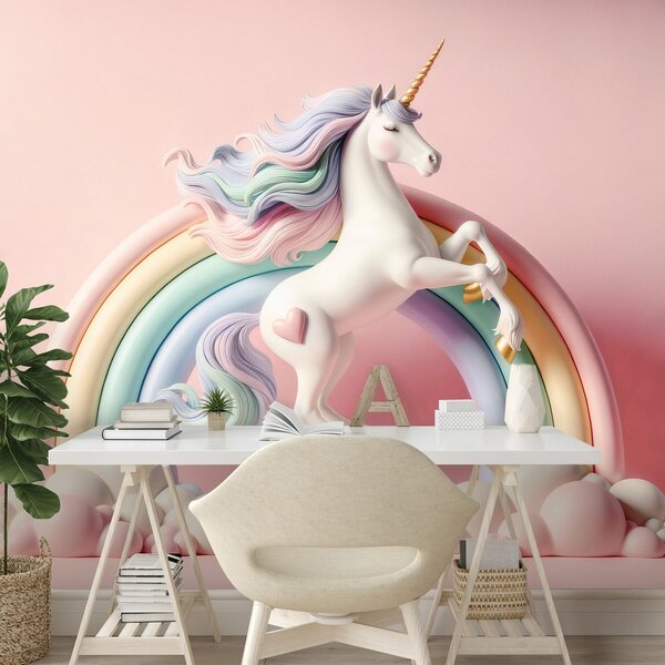 Fototapet unicorn pastelat în curcubeu