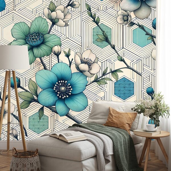 Tapet flori albastre cu fundal geometric