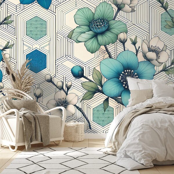 Tapet flori albastre cu fundal geometric