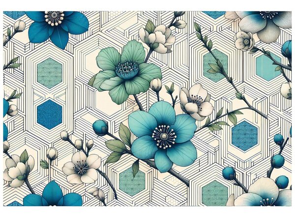 Tapet flori albastre cu fundal geometric