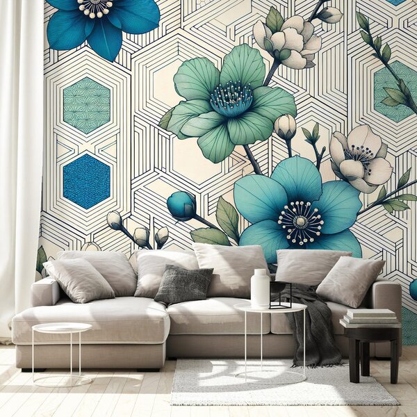 Tapet flori albastre cu fundal geometric