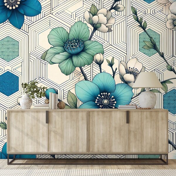 Tapet flori albastre cu fundal geometric