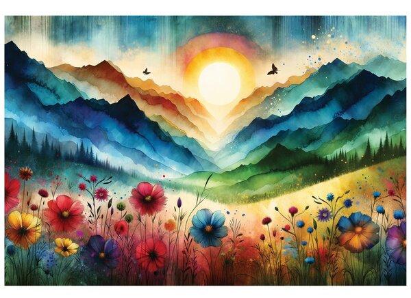 Tapet peisaj montan colorat cu flori