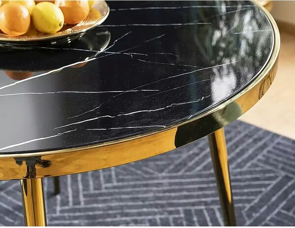 Masa CALVIN, negru cu efect de marmura/auriu, sticla securizata/metal