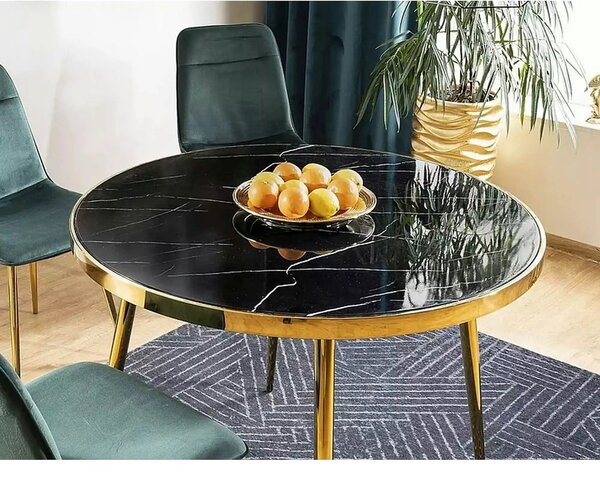 Masa CALVIN, negru cu efect de marmura/auriu, sticla securizata/metal
