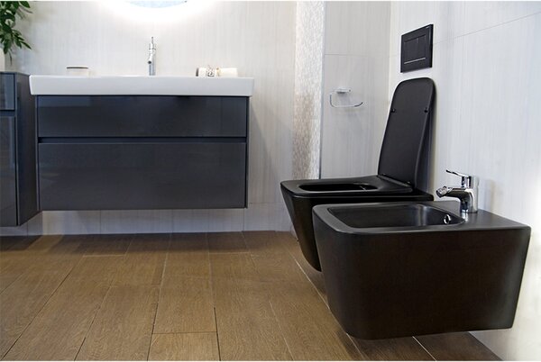 Set vas WC suspendat, Fluminia, Paris, rimless, cu capac quick release si soft close, negru mat