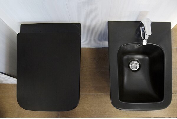 Set vas WC suspendat, Fluminia, Paris, rimless, cu capac quick release si soft close, negru mat