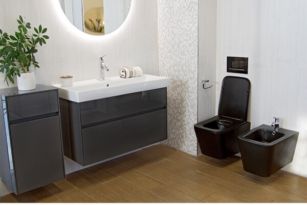 Set vas WC suspendat, Fluminia, Paris, rimless, cu capac quick release si soft close, negru mat