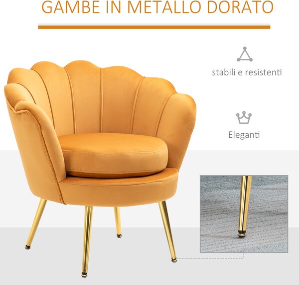 HOMCOM Fotoliu Vintage din Catifea Galbenă, Design Elegant pentru Living sau Birou, Confort Superior | Aosom Romania