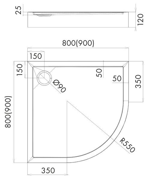 Schedline Cameron Smooth White cădiță de duș semirotundă 90x90 cm alb 3ST.C1O-9090