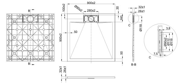 Invena Alvero cădiță de duș pătrată 90x90 cm alb AK-7B-909