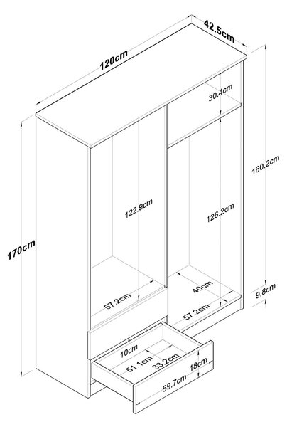 Dulap BA108-2067, alb/nuc, PAL melaminat, cu 4 usi si 2 sertare, 120x4