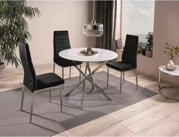 Masa AGIS, alb cu efect de marmura, sticla/metal, 90x90x73 cm