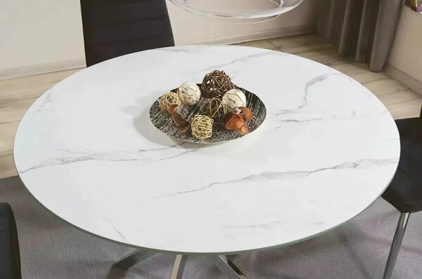 Masa AGIS, alb cu efect de marmura, sticla/metal, 90x90x73 cm