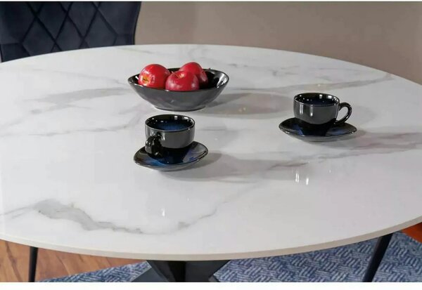 Masa TALIA, alb cu efect de marmura/negru mat, ceramica/metal, 120x120