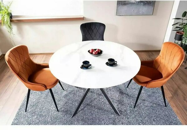 Masa TALIA, alb cu efect de marmura/negru mat, ceramica/metal, 120x120