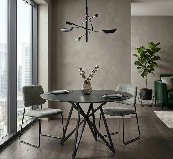Masa MURANO, gri cu efect de marmura/negru, ceramica/metal, 120x120x76