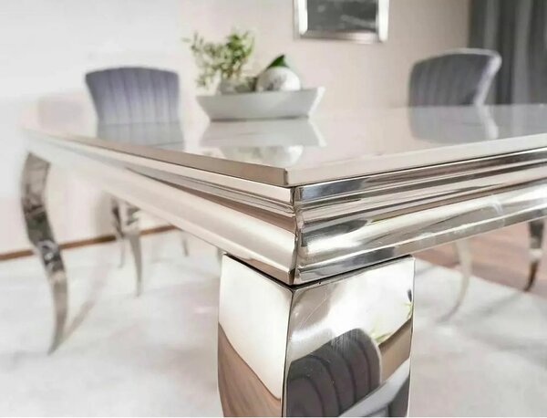 Masa PRINCE, alb cu efect de marmura/crom, ceramica/metal, 150x90x75 c