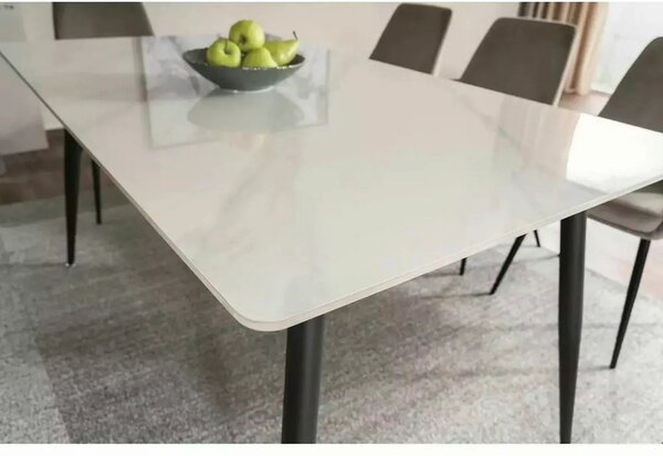 Masa RION, alb cu efect de marmura/negru mat, ceramica/metal, 130x70x7